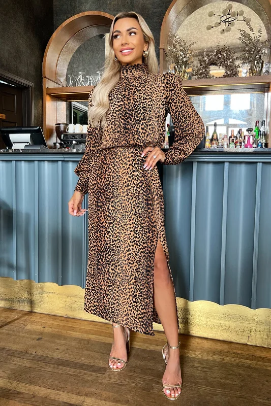 Camel Animal Print High Neck Long Sleeve Midi Dress Stylish Midi Dress with Cuffs