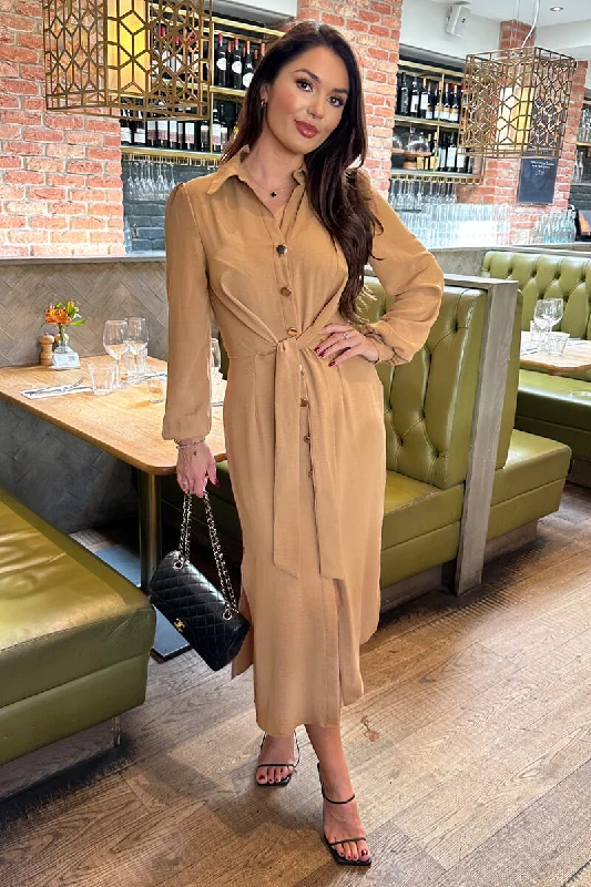 Camel Button Front Tie Shirt Midi Dress Trendy Off-Shoulder Button Midi Dress