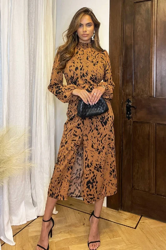 Camel Print High Neck Split Skirt Midi Dress Trendy Mock Neck Midi Dress