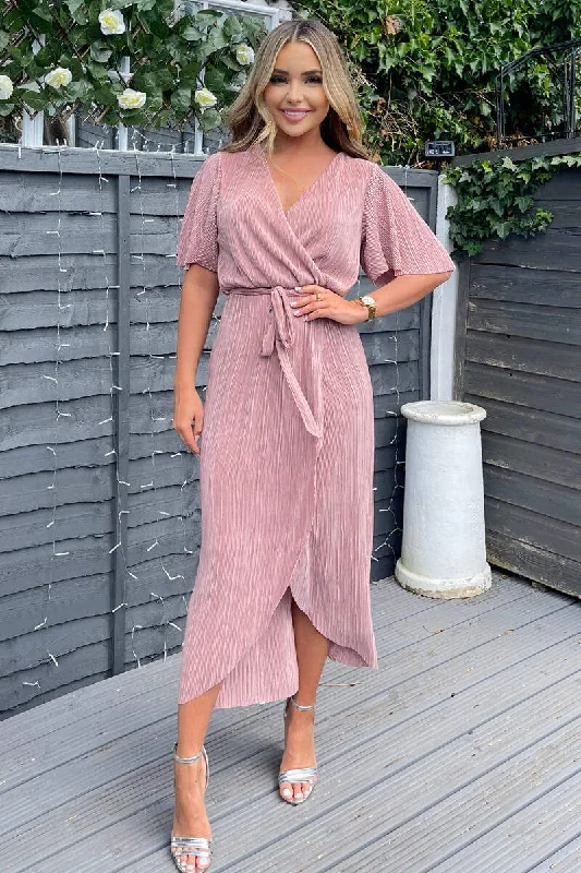 Champagne Wrap Top Belted Short Sleeve Plisse Midi Dress Stylish Silk Midi Dress