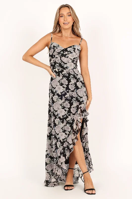 Charmaine Maxi Dress - Black Floral Elegant Maxi Dress with Belt