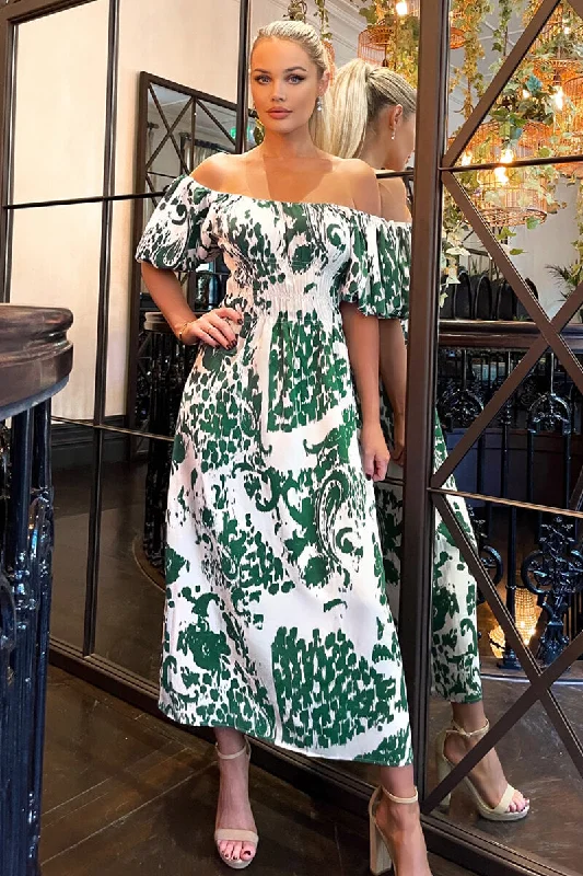 Cream and Green Printed Elasticated Waist Bardot Midi Dress Trendy Flared Sleeve Midi Dress