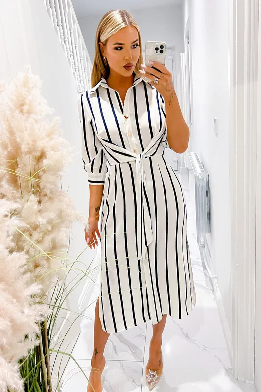 Cream And Navy Striped Button Up 3/4 Sleeve Midi Dress Elegant Sleeveless Midi Dress