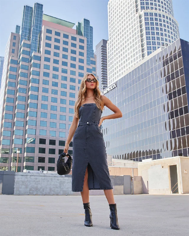 Edgy Era Denim Strapless Midi Dress Trendy Off-Shoulder Button Midi Dress