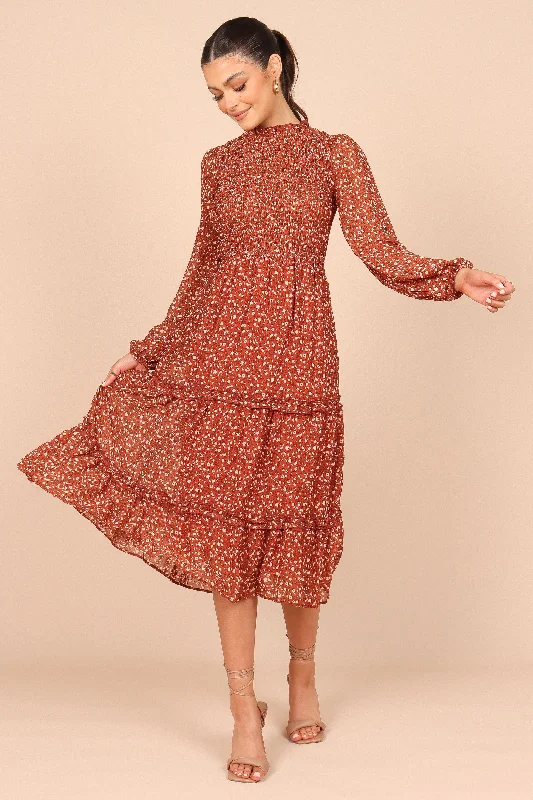 Edwina Shirred Frill Long Sleeve Midi Dress - Rust Floral Fashionable Pleated Midi Dress