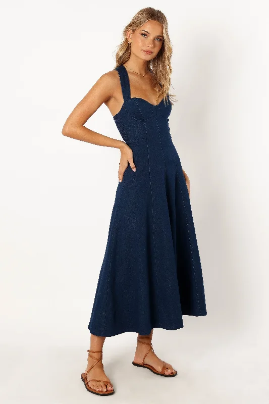 Everly Crossback Midi Dress - Denim Trendy Smocked Detail Midi Dress