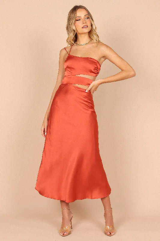 Forelle One Shoulder Cut Out Midi Dress - Rust Comfortable Ruched Midi Dress