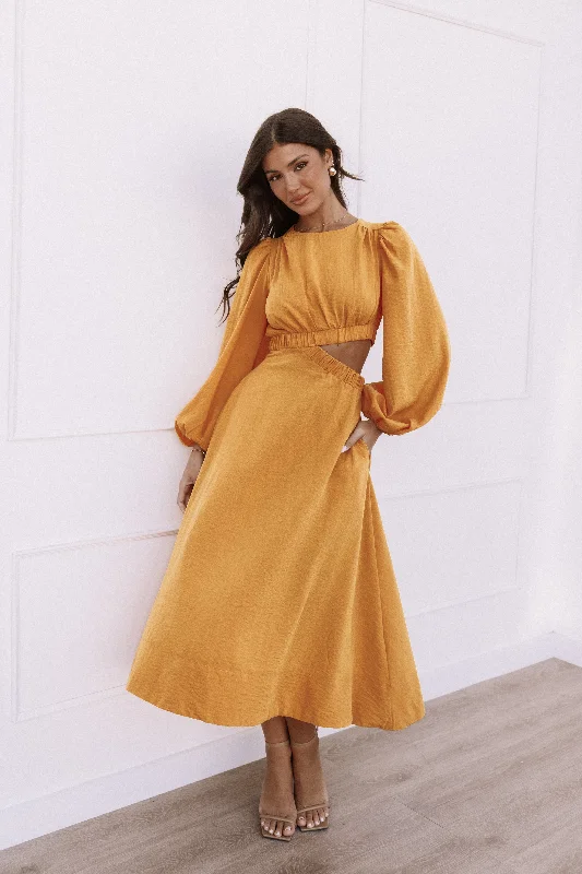 Ginnee Puff Sleeve Cutout Midi Dress - Mustard Cozy Ribbed Knit Midi Dress