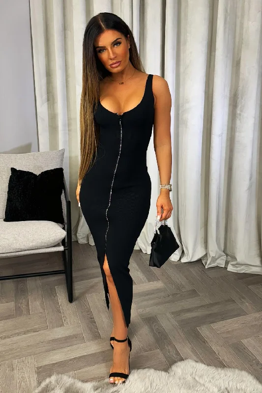 Going Out Midi Dress With Diamante Zip Detail Black Comfortable Casual Midi Dress