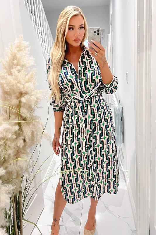 Green And Blue Geometric Multi Printed  3/4 Cuffed Sleeve Wrap Tie Midi Dress Fashionable Sheer Sleeve Midi Dress