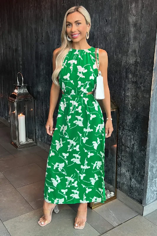 Green And White Floral Printed Cut Out Midi Dress Comfortable Sleeveless Midi Dress