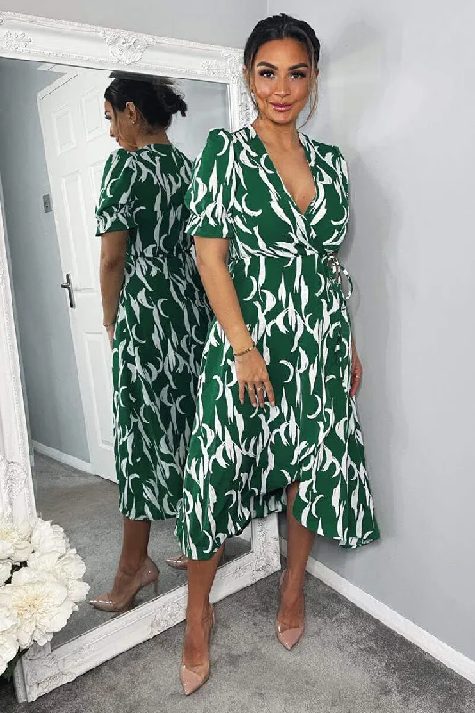 Green And White Printed Wrap Side Tie Midi Dress Elegant Puff Sleeve Midi Dress