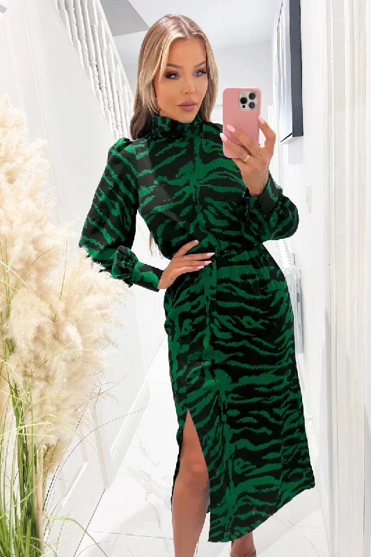 Green Animal Print High Neck Long Sleeve Midi Dress Elegant Puff Sleeve Midi Dress