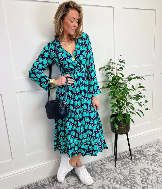 Green Vibrant Floral Print Wrap Midi Dress Comfortable Ribbed Midi Dress