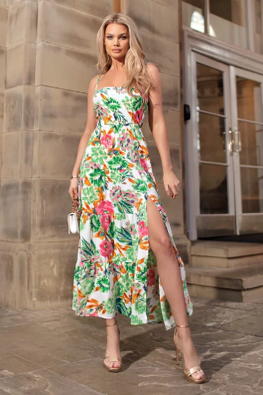 Green Floral Print Strappy Smock Midi Dress Stylish High-Waisted Midi Dress