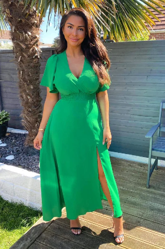 Green Gathered Waist Midi Dress Comfortable Adjustable Strap Midi Dress