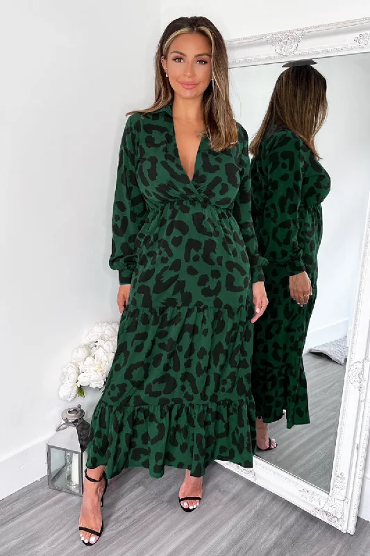 Green Leopard Print Long Sleeve Smock Midi Dress Stylish Tiered Midi Dress