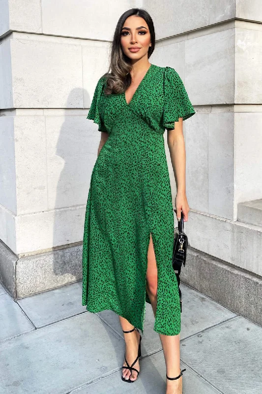 Green Printed V-Neck Short Sleeve Midi Dress Stylish Satin Midi Dress