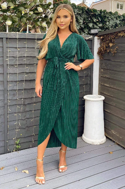 Green Wrap Top Belted Short Sleeve Plisse Midi Dress Elegant Satin Slip Midi Dress