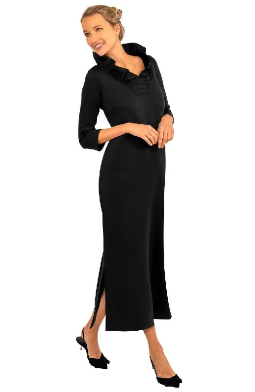 Gretchen Scott Ruff Neck Maxi Dress - Solid Black Trendy Off-Shoulder Ruffle Maxi Dress