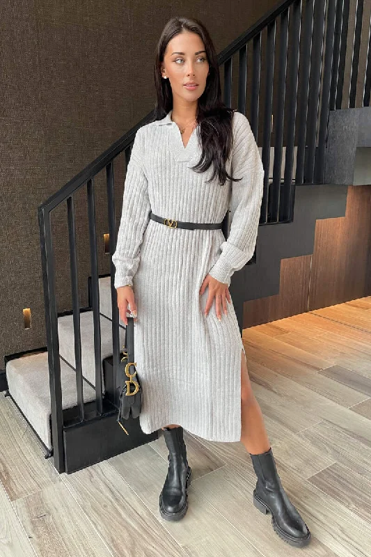 Grey Knit Long Sleeve Collared Midi Dress Comfortable Floral Print Midi Dress