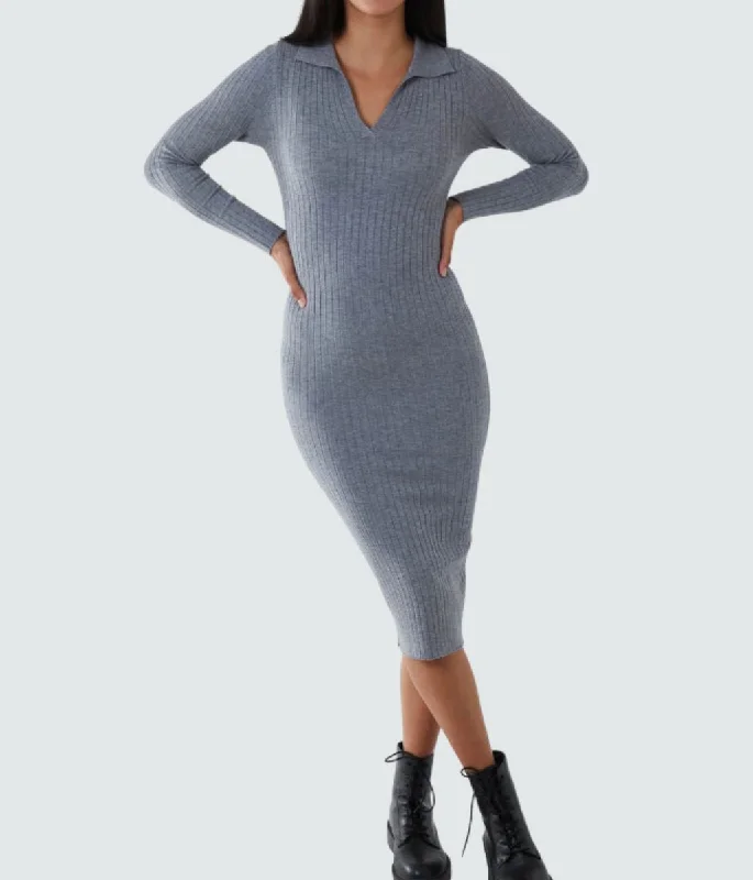 Grey Ribbed Collar Knitted Midi Dress Fashionable Casual Midi Dress