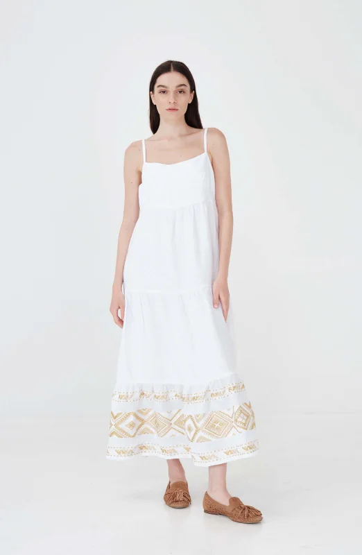 Haris Cotton Artemis Maxi Dress- White/ Gold Casual Maxi Dress with Pockets