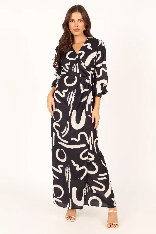 Helen Long Sleeve Maxi Dress - Black White Comfortable Plunging Neckline Maxi Dress