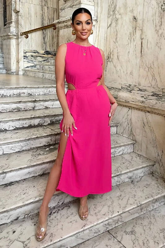 Hot Pink Cut Out Midi Dress Trendy Smocked Detail Midi Dress