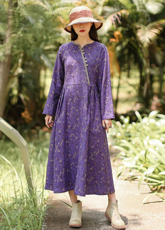 Italian Purple V Neck Print Maxi Dresses Long Sleeve Elegant Maxi Dress with Ruffles