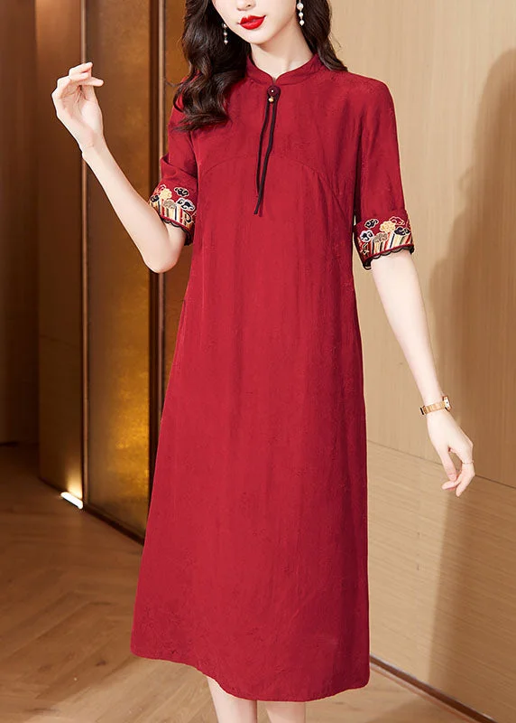 Italian Red Stand Collar Embroideried Maxi Dresses Short Sleeve Elegant Silk Maxi Dress