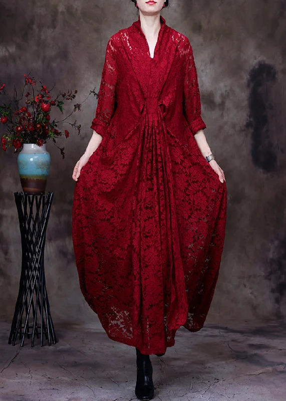 Italian Red V Neck Asymmetrical Patchwork Lace Maxi Dresses Long Sleeve Trendy Floral Print Maxi Dress