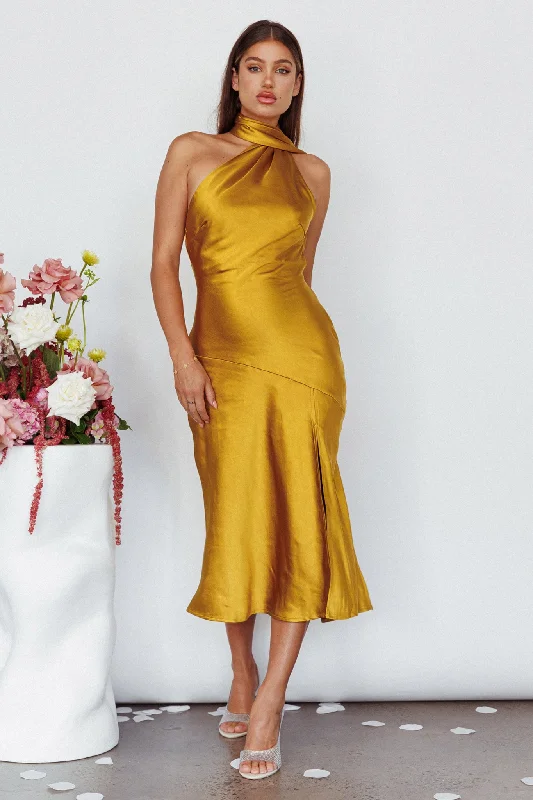 Italian Summer Tie Neck Midi Dress Mustard Elegant Sleeveless Midi Dress