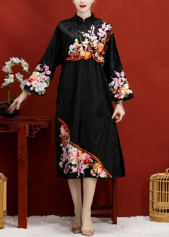 Jacquard Black Embroideried Button Side Open Silk Maxi Dress Long Sleeve Comfortable Fit-and-Flare Maxi Dress