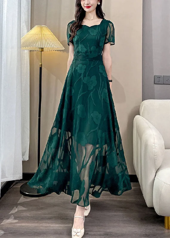 Jacquard Green Square Collar Draping Chiffon Maxi Dresses Summer Cozy Maxi Dress with Slit