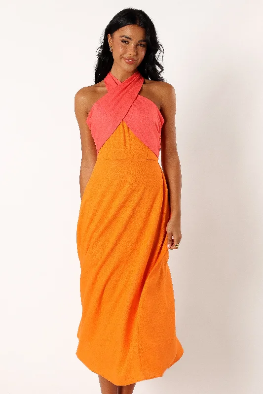 Jaded Halterneck Midi Dress - Pink Orange Stylish Striped Midi Dress