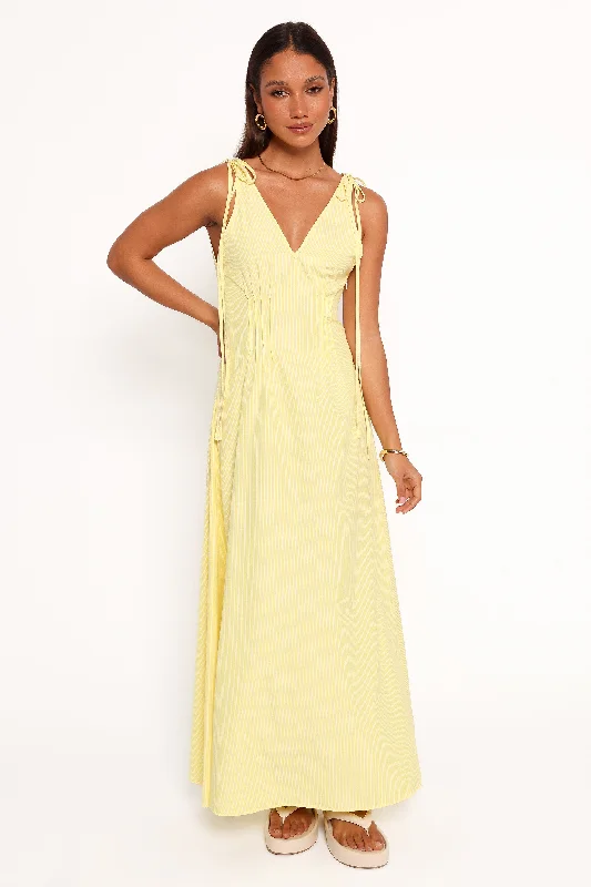 Jaynie Maxi Dress - Yellow Stripe Stylish Pleated A-Line Maxi Dress