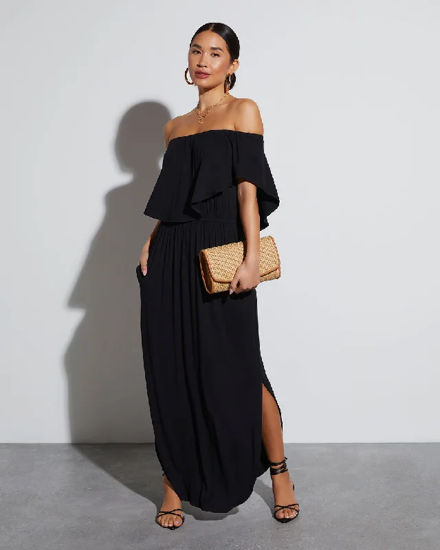 Kara Off The Shoulder Pocketed Maxi Dress Trendy Maxi Dress with Bow