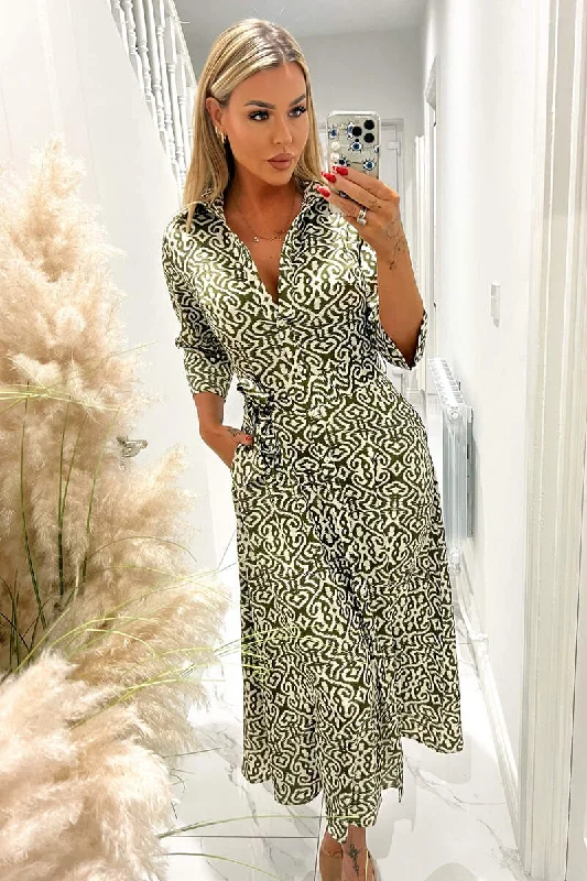 Khaki And Cream Print Shirt Midi Dress Comfortable Empire Waist Midi Dress