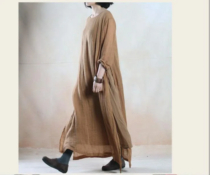 Khaki layered flowy linen maxi dress plus size linen clothing Elegant Lace Maxi Dress