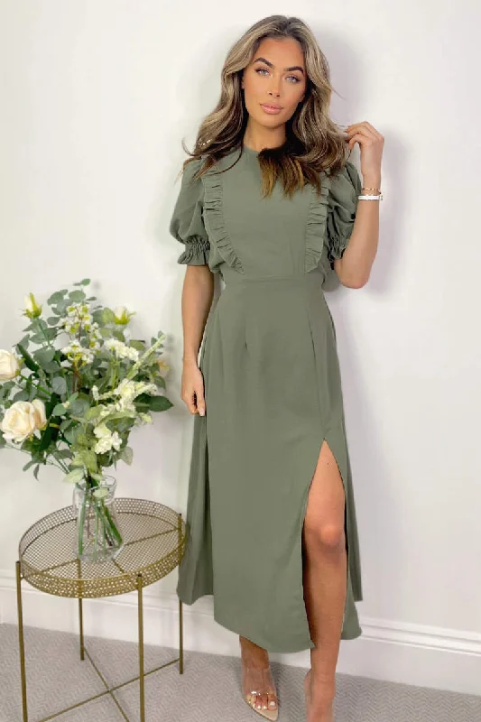 Khaki Ruffle Split Leg Midi Dress Elegant Velvet Midi Dress