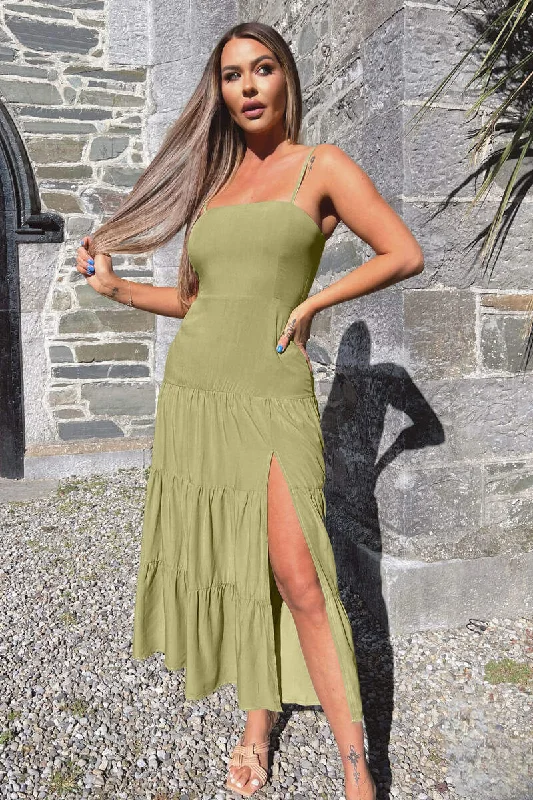 Khaki Strappy Smock Midi Dress Cozy Ribbed Knit Midi Dress