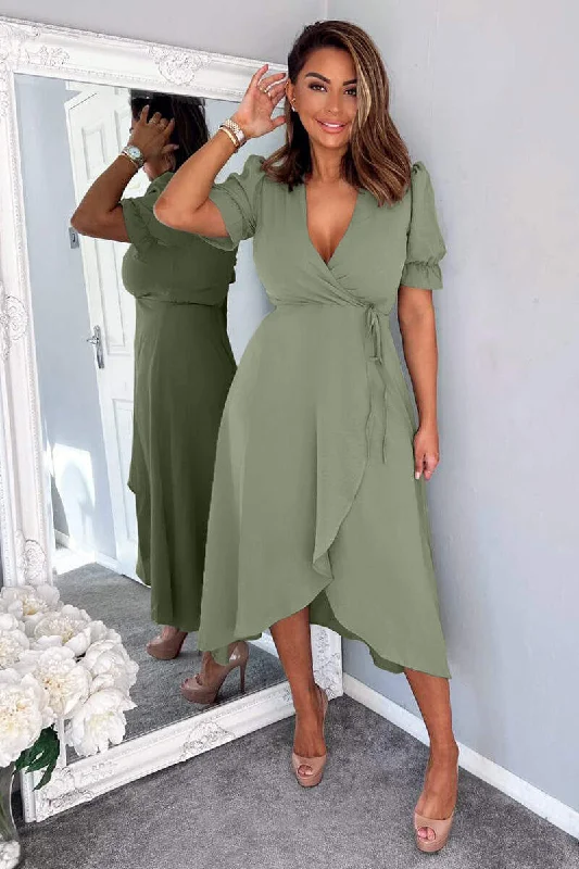 Khaki Wrap Side Tie Midi Dress Trendy Floral Wrap Midi Dress