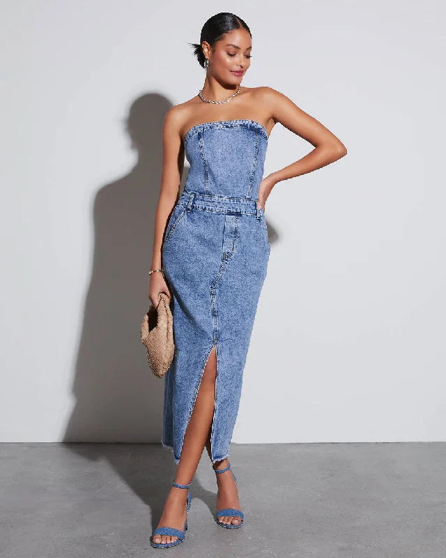 Kimmy Strapless Denim Midi Dress Comfortable Draped Midi Dress