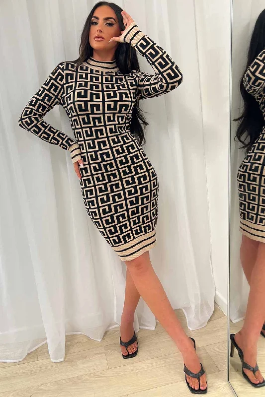 Knitted Midi Dress With Long Sleeves Beige Comfortable Empire Waist Midi Dress