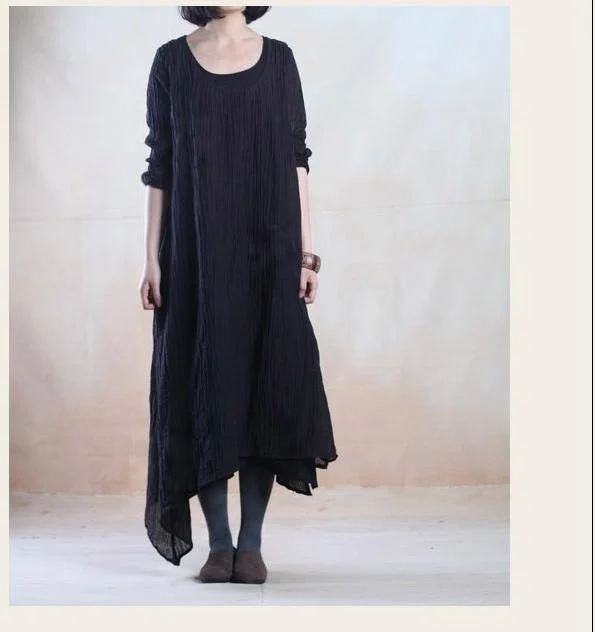 Layered black pleated linen maxi dress long traveling dresses Cozy Knit Maxi Dress