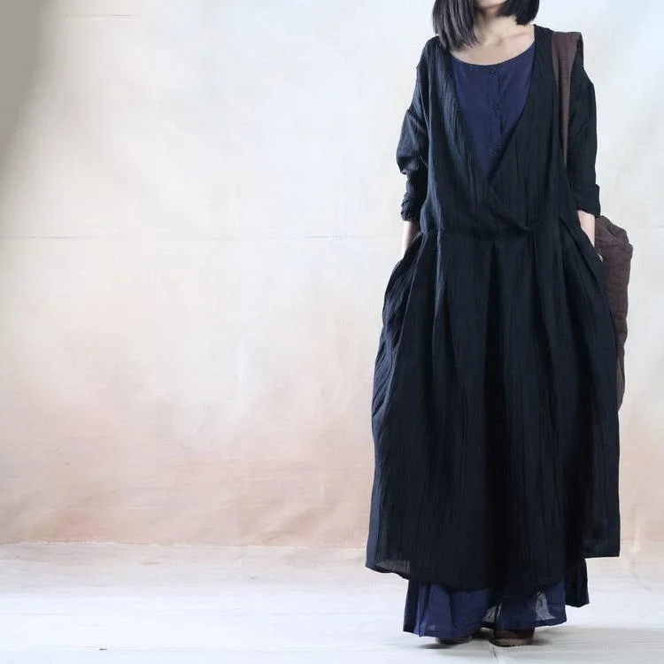 Layered linen maxi dress black linen causal dress spring long caftan gown Fashionable High-Waist Maxi Dress