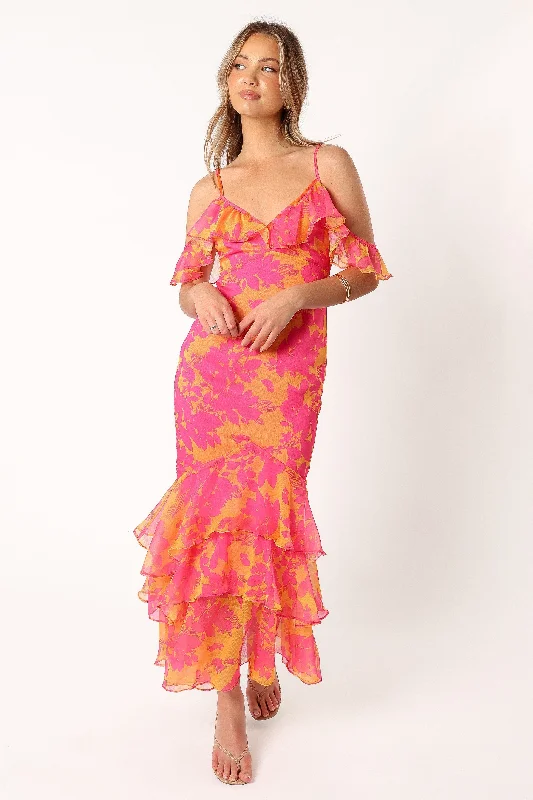 Leon Tiered Midi Dress - Pink Orange Stylish Wraparound Midi Dress