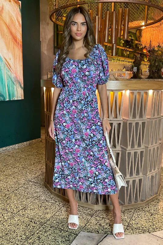 Lilac Floral Printed Puff Sleeve Midi Dress Comfortable Denim Midi Dress