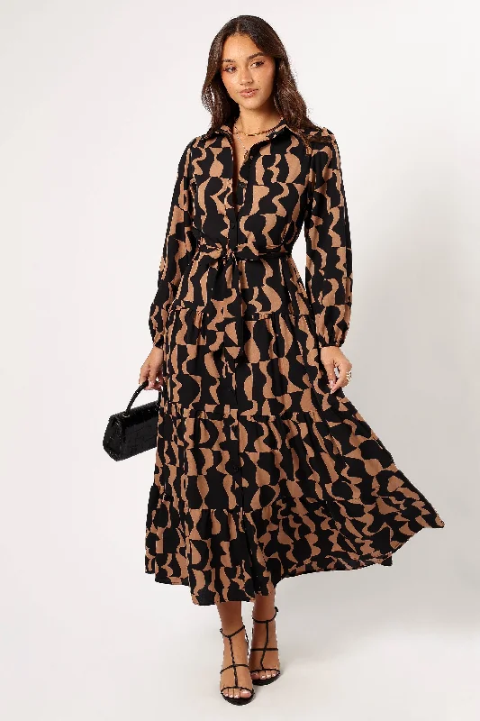 Lincoln Long Sleeve Maxi Dress - Black/Beige Stylish Off-Shoulder Maxi Dress